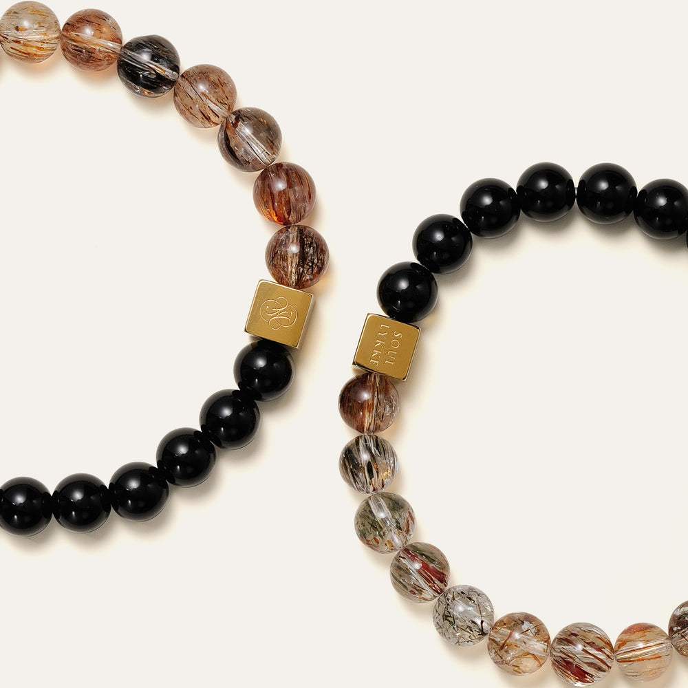 8mm natural Black Gold Super Seven and Obsidian beaded split bracelet with a 14K gold PVD square signature bead. This is a natural gemstone and healing crystal bracelet by Soul Lykke.