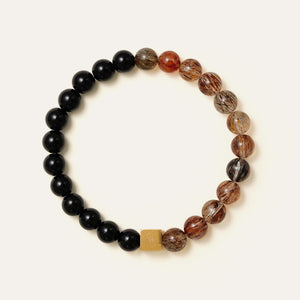 8mm natural Black Gold Super Seven and Obsidian beaded split bracelet with a 14K gold PVD square signature bead. This is a natural gemstone and healing crystal bracelet by Soul Lykke.