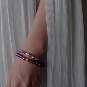 Close-up detail of authentic 6mm Brazil Amethyst and Madagascar Labradorite beads, elegantly highlighted by 24k gold-plated 925 sterling silver with delicate CZ accents.