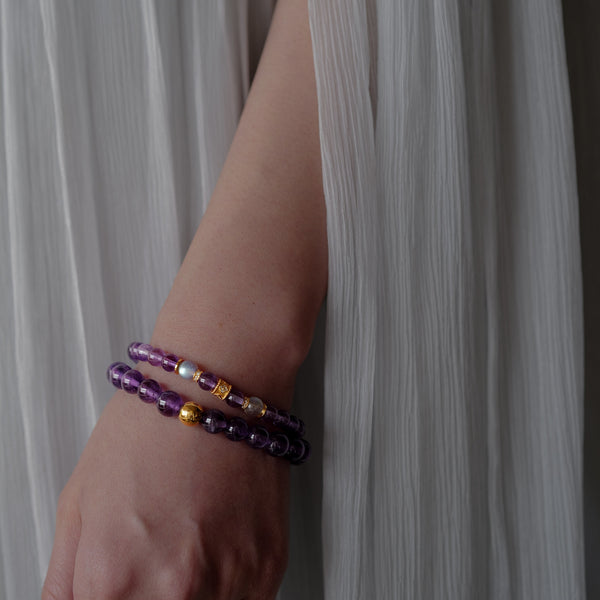 Close-up detail of authentic 6mm Brazil Amethyst and Madagascar Labradorite beads, elegantly highlighted by 24k gold-plated 925 sterling silver with delicate CZ accents.