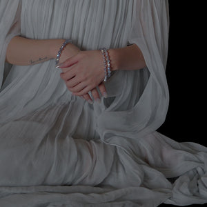 Two handcrafted natural Labradorite gemstone bracelets layered on a woman's wrist, featuring authentic healing crystals.