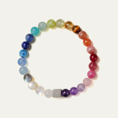 The Earth’s Palette flagship bracelet by Soul Lykke. A museum-grade wearable mineral collection featuring 25 distinct 8mm natural gemstones arranged in a seamless chromatic rainbow gradient, accented by a white gold PVD square signature bead. This is a healing crystal bracelet by Soul Lykke.