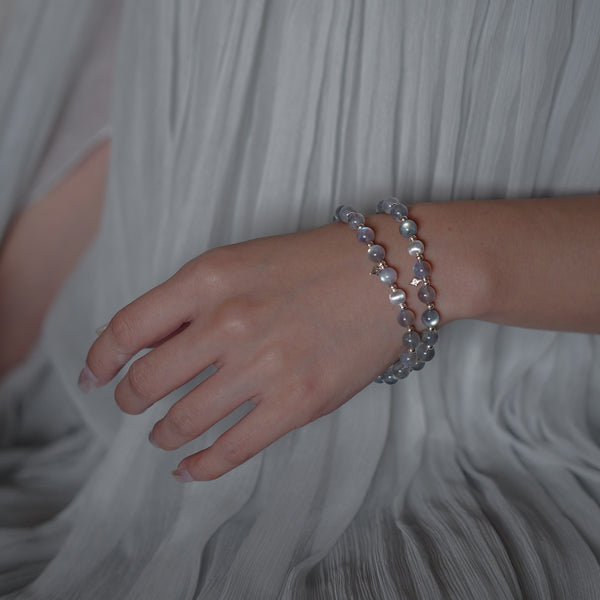 Close-up of a handcrafted natural Labradorite bracelet on a woman's wrist, highlighting the striking blue flashes and delicate 925 sterling silver star accents.