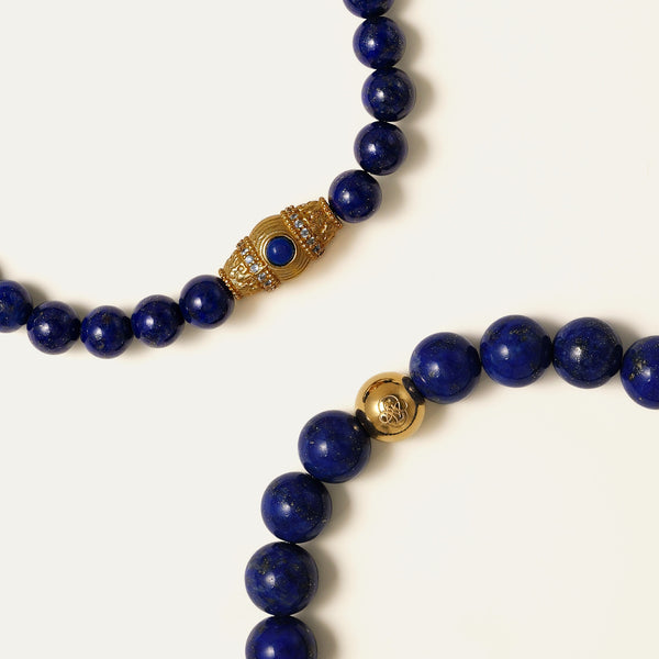 A premium luxury stack featuring the 8mm Core Essential and 6mm Royal Vesper AAA-grade Lapis Lazuli bracelets. This collector-level gemstone combination serves as a stabilizing anchor for truth, wisdom, and quiet confidence.