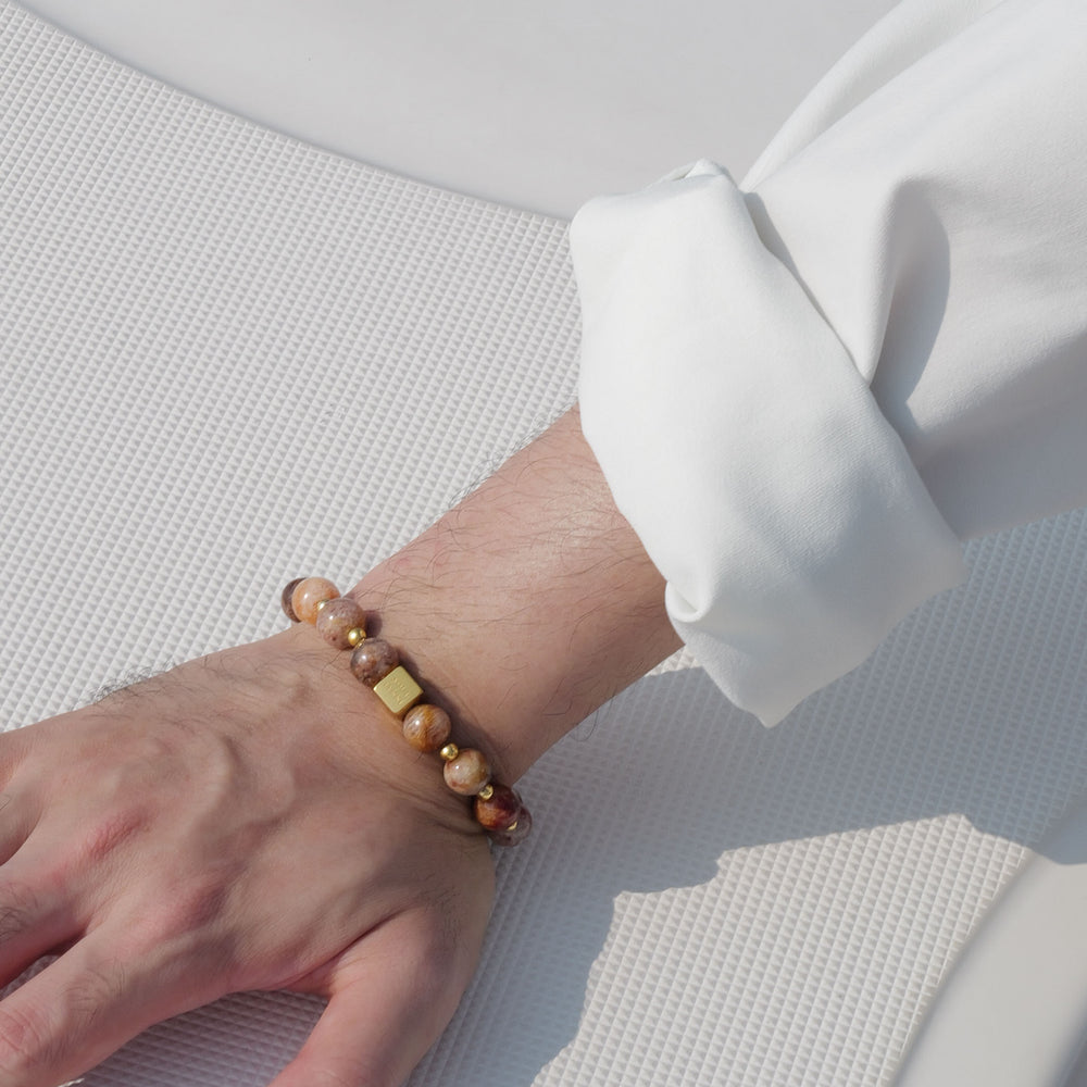 Stunning 10mm natural multi-color layered Phantom Quartz bracelet featuring the Soul Lykke signature 14K gold square bead. This is a natural gemstone and healing crystal bracelet by Soul Lykke.